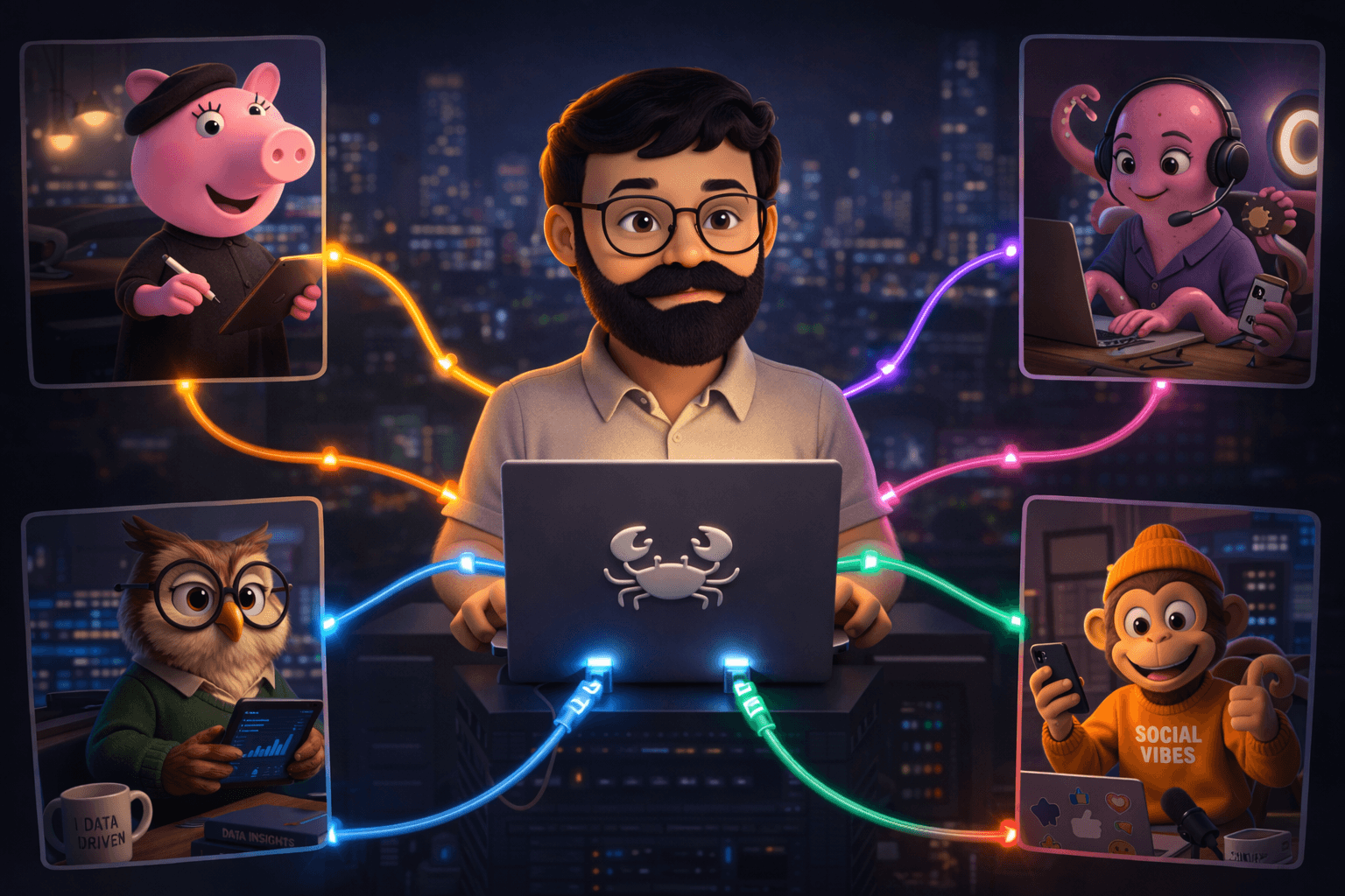 HireAI team of AI animal agents at workstations